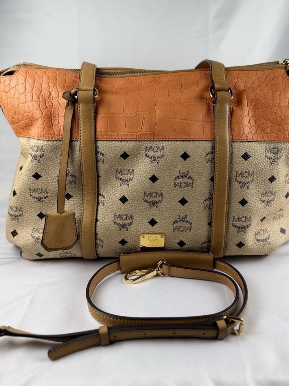 MCM Visetos Two-Tone Beige Canvas & Cognac Leather Tote Bag